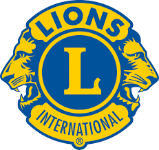 Blau Gelbes Logo mit zwei Löwenköpfen, einem großen "L" in der Mitte und der Aufschrift "Lions International"