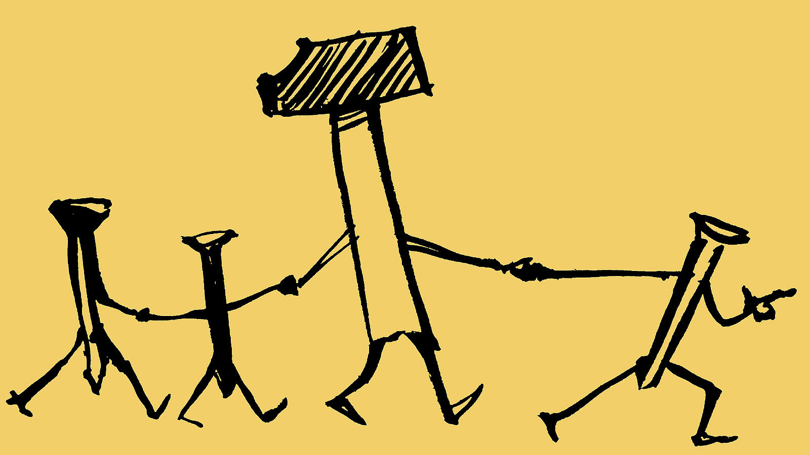 	Illustration eines Hammers, der Hand in Hand mit 3 Nägeln durchs Bild "läuft"