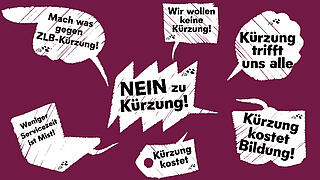 Sprechblasen mit Aussagen wie Nein zu Kürzungen