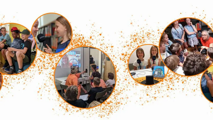 Mehrere Bildkreise mit unterschiedlichen Kidnern, die Podcasts aufnehmen