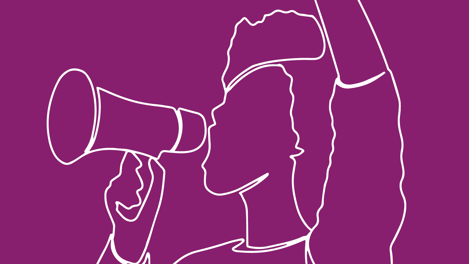 Silhouette eines Menschen der in ein Megafon spricht, den linken Arm ausstreckt, die Hand zur Faust