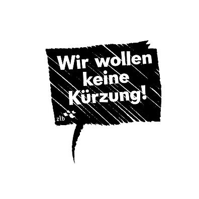 Sprechblase in Form eines Laptop mit der Aufschrift "Wir wollen keine Kürzung"