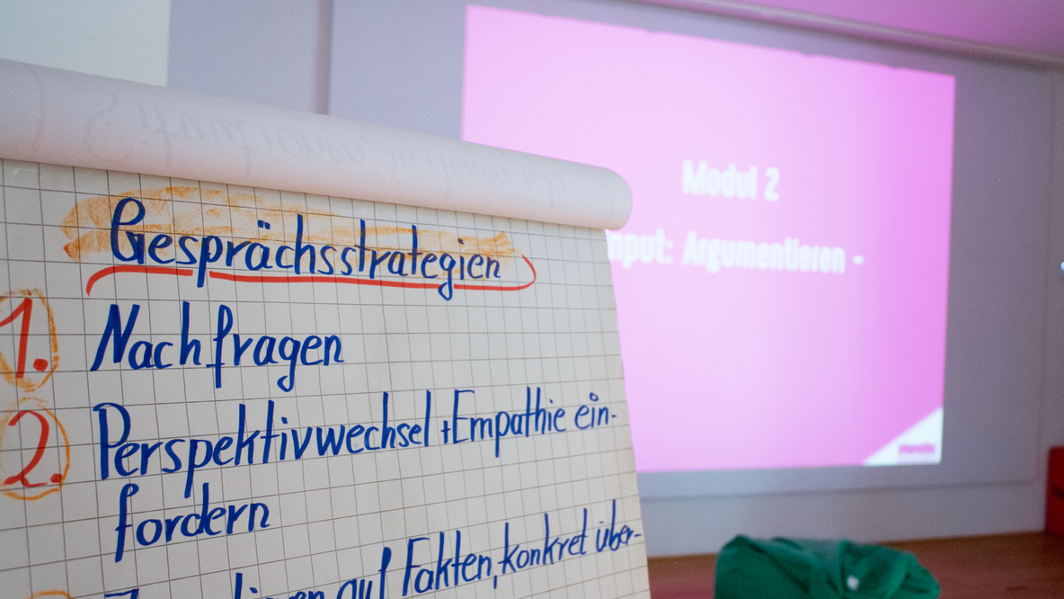 im Fordergrund ist ein Flipchart mit mehreren handgeschriebenene Punkten zum Thema Gesprächsstrategien und im Hintergrund eine Beamerprojektion mit der Überschrift Modul 2 