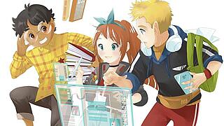 Drei Mangafiguren mit Rucksack, Kopfhörern und vielen Büchern