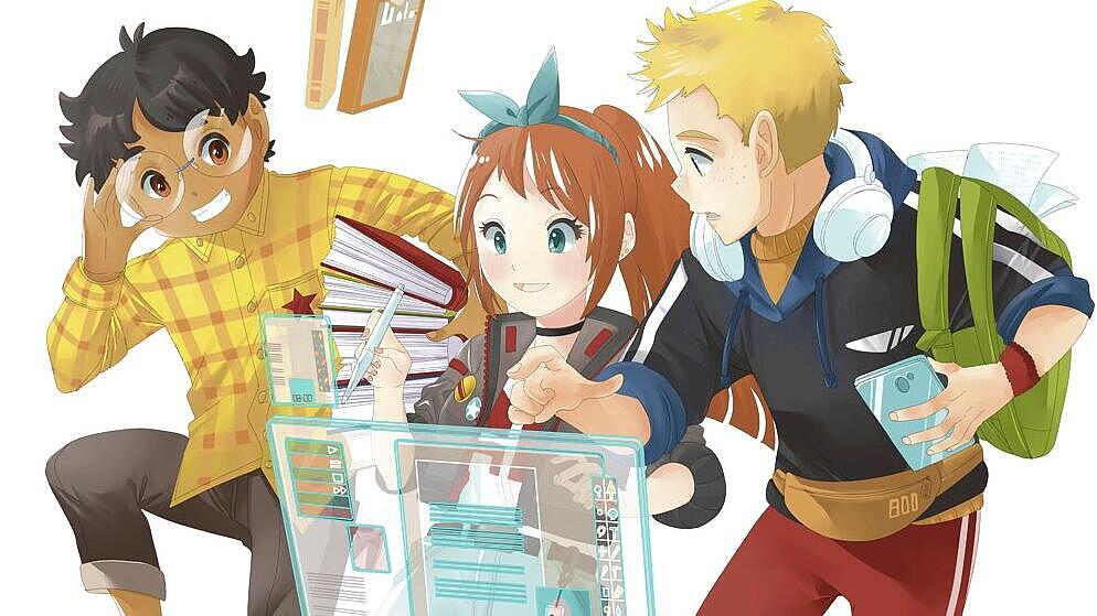 Drei Mangafiguren mit Rucksack, Kopfhörern und vielen Büchern