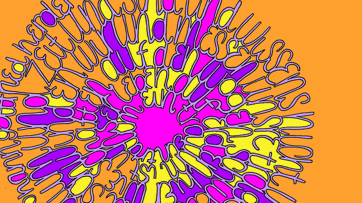 farbenfrohes Mandala aus Wörtern