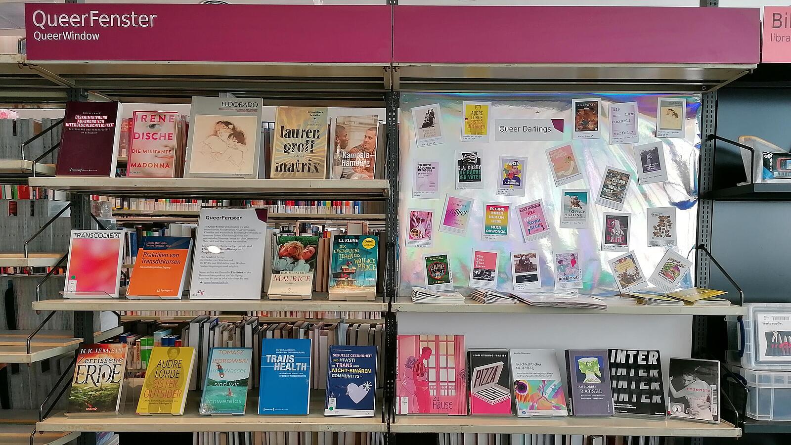 The QueerFenster -shelf in the AGB, with books, films, media recommendations