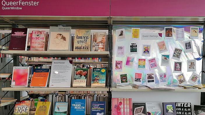 Das QueerFenster -Regal in der AGB, mit Büchern, Filmen, Medienempfehlungen