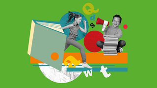 Bunte Grafik mit Büchern und zwei Kindern