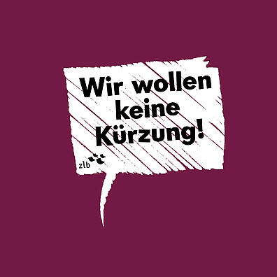 Sprechblase in Form eines Laptop mit der Aufschrift "Wir wollen keine Kürzung"