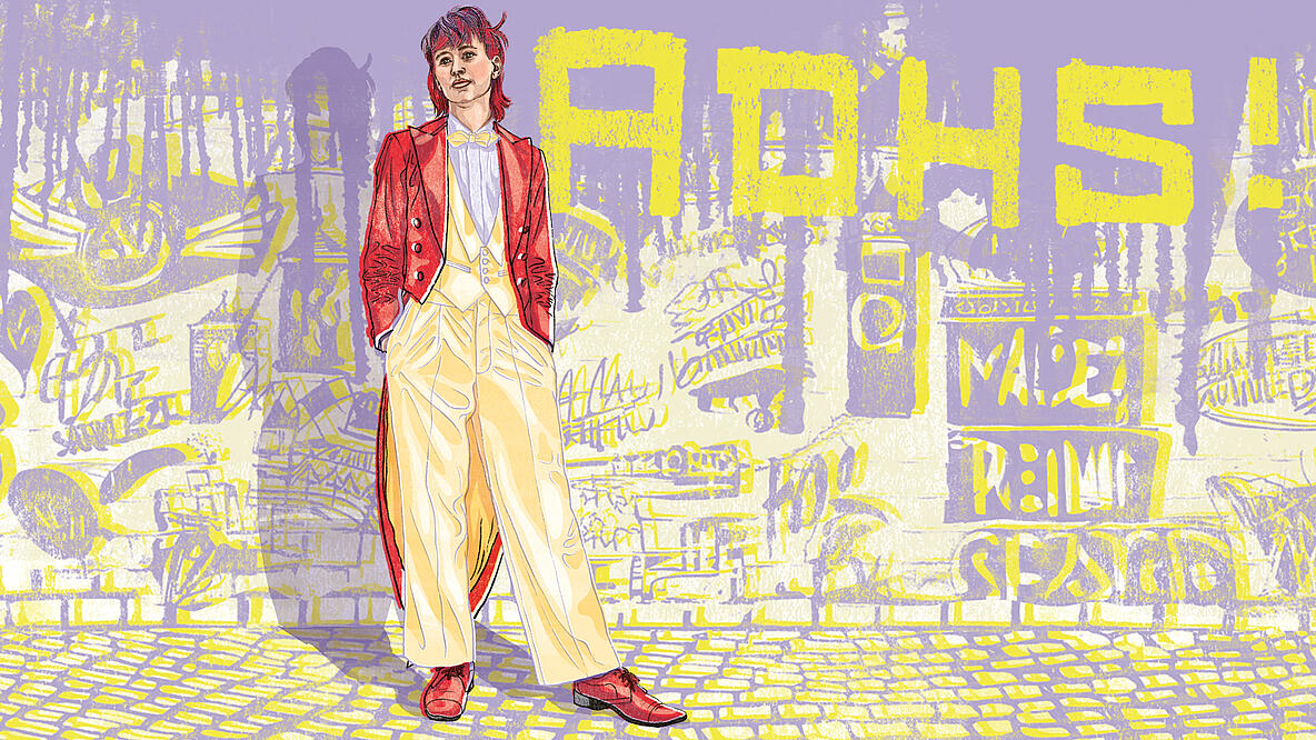 Eine Person mit Händen in den Hosentaschen, im hintergrund steht an einer Wand "ADHS!"