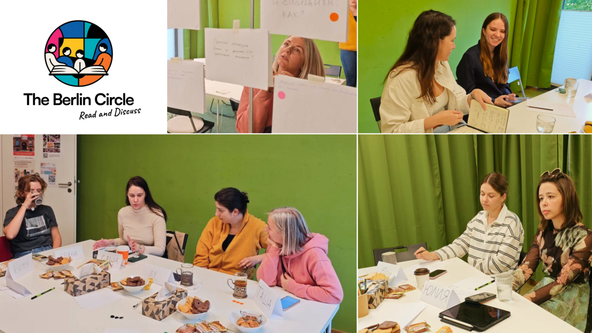 Eine Collage aus Fotos: Oben links sieht man ein buntes Logo mit vier Lesenden vor einem großen Buch. Darunter steht "The Berlin Circle. Read and Discuss". Auf vier weiteren Ausschnitten sitzen weibliche Personen in einem grünen Zimmer. Auf dem Tisch liegen Snacks, Bücher und Notizen.  