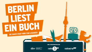 Bunte Grafik mit Text "Berlin liest ein Buch" und Illustration eines zugeklappten Buches, aus dem angedeutete Berliner Wahrzeichen herausschauen