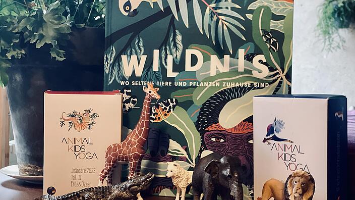 Das Buch Wildnis, daneben Tierfiguren und Yoga-Karten. 