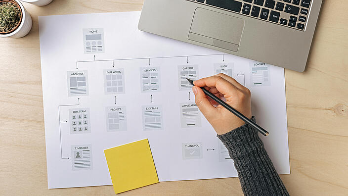 Sitemap mit Laptop und Hand die Stift hält