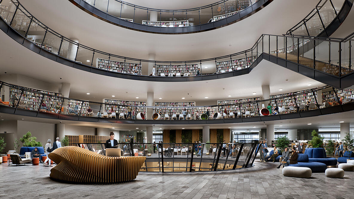 Zu sehen ist die Ansicht einer Idee für die Bibliothek im heutigen Kaufhaus Lafayette in der Friedrichstraße.