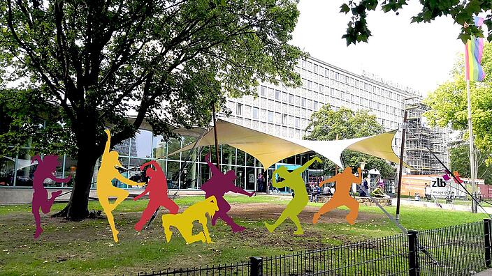 Die kleine Wiese vor der AGB mit Sonnensegel, darauf bewegen sich in Volltonfarbe Figuren