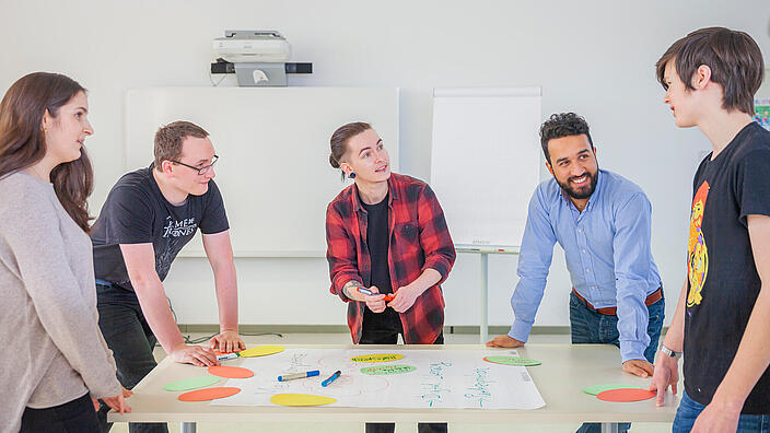 Gruppe Junger Menschen steht in einem Raum um einen Tisch und diskutiert über Workshopinhalte