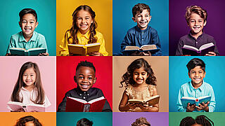 viele lachende Kinder mit Buch in der Hand