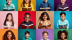 viele lachende Kinder mit Buch in der Hand