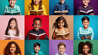 viele lachende Kinder mit Buch in der Hand
