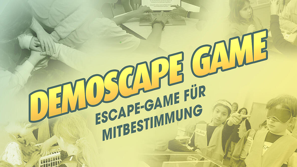 gelbgrünes Bild mit an verschiedenen Stationen rätselnden Kindergruppen im Hintergrund, im Vordergrund die Schriftzüge "Demoscape Game" "Das mobile Gruppenspiel für Demokratie"