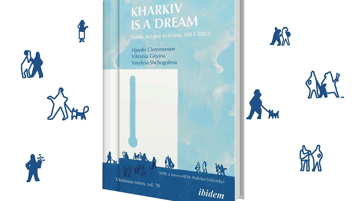 Foto des Buchcovers. Rechts und links vom Foto sind Konturen von Personen im Stadtraum abgebildet.