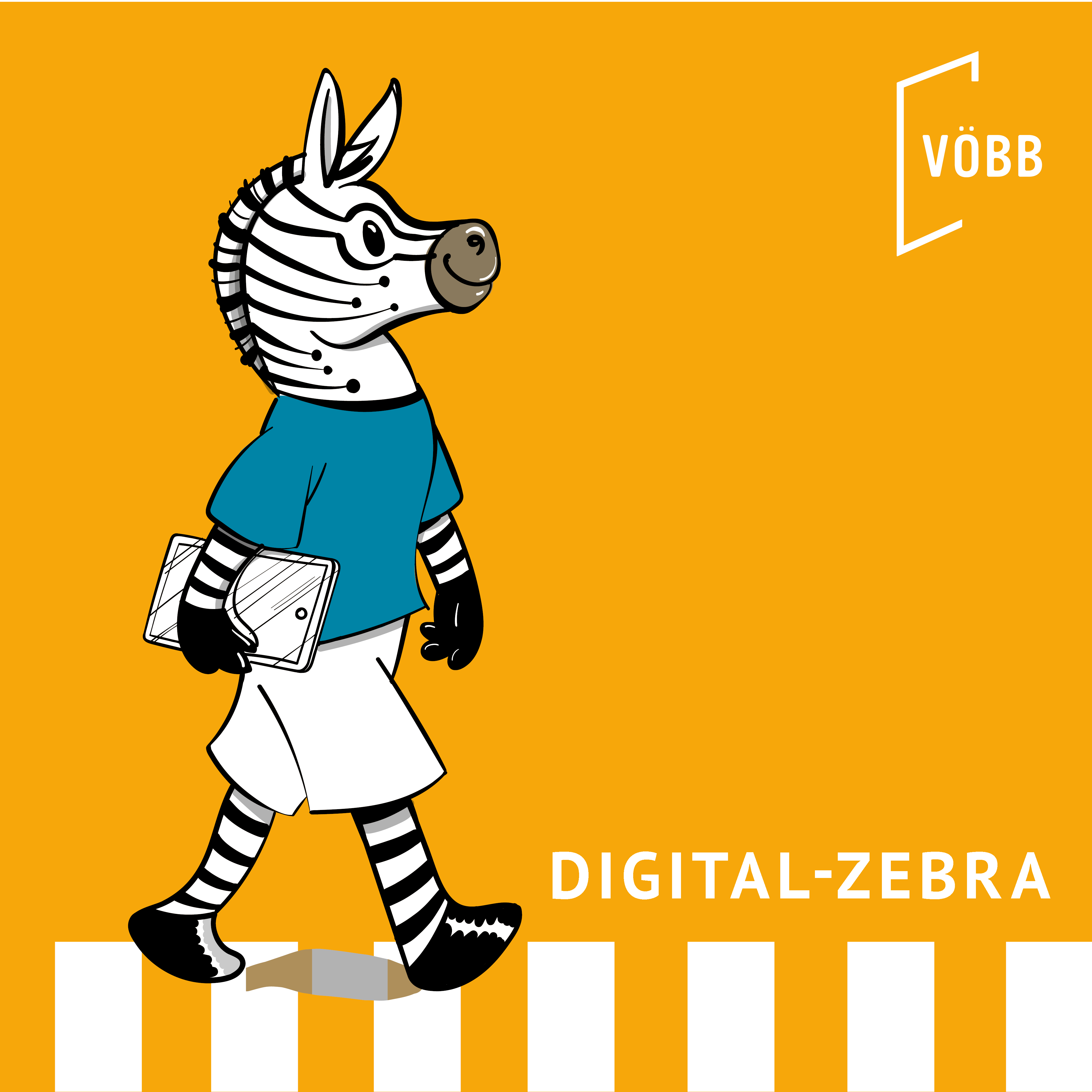 Zeichnung eines laufenden Zebras im blauen T-Shirt mit Tablet unterm Arm auf einem Zebrastreifen mit orangenem Hintergrund
