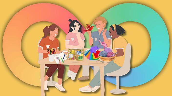 Vier Personen sitzen um einen Tisch. Auf dem Tisch liegen unterschiedliche Bastelmaterialien wie z.B. Wolle, Malstifte, Stoff. 