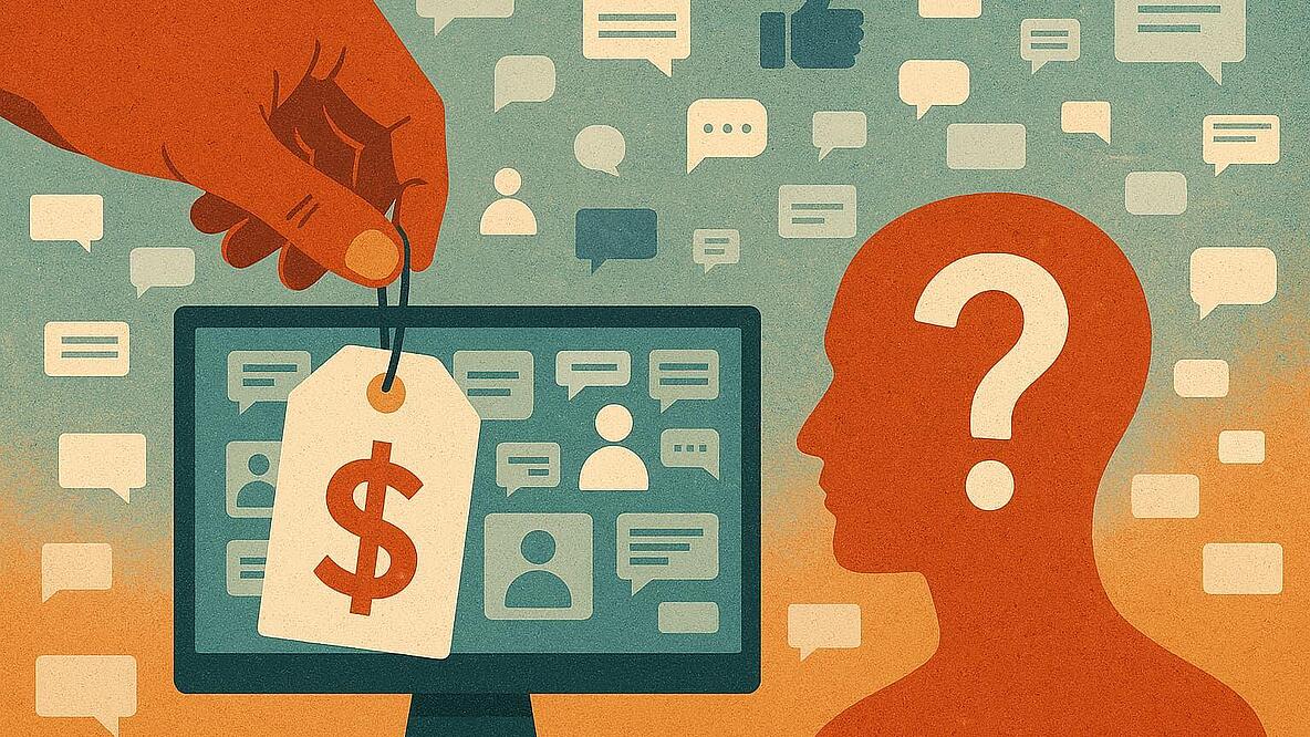 Bunte Grafik mit vielen Sprechblasen und "Daumen hoch"-Piktogramm, einem Bildschirm, einer Hand, die ein Preisschild mit Dollarzeichen hält und der abstrakten Abbildung einer Person mit großem Fragezeichen