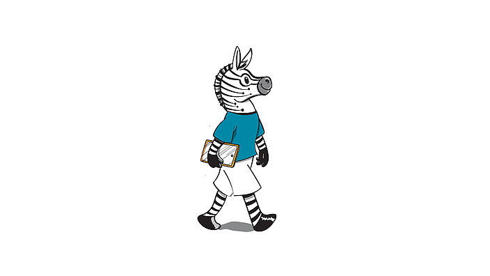 Illustriertes Zebra mit Tablet unter dem Arm und Vöbb T-Shirt gekleidet