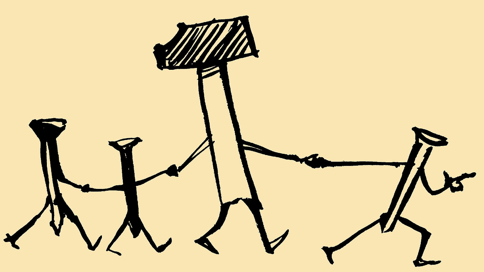 Illustration eines Hammers, der Hand in Hand mit 3 Nägeln durchs Bild "läuft"