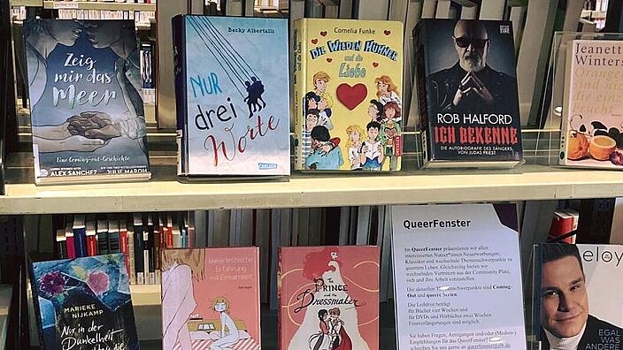 Foto eines Regals mit dem Titel "Queerfenster" und verschiedenen Büchern darauf