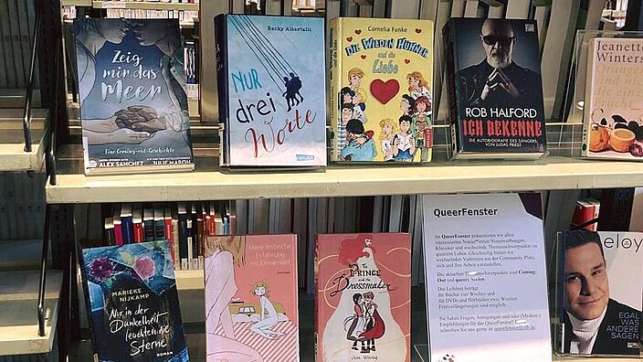 Photo of a shelf with the title "Queerfenster" and various books on it.