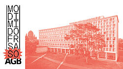 Die Amerika-Gedenkbibliothek in rot eingefärbt. Links daneben das SoAGB Logo für das Sonntagsprogramm.