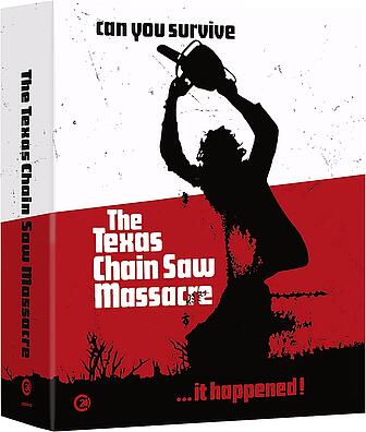 Bild von Cover des Films Blutgericht in Texas. Zu sehen ist auf rot-weißem Hintergund eine schwarze Figur mit einer Kettensäge.