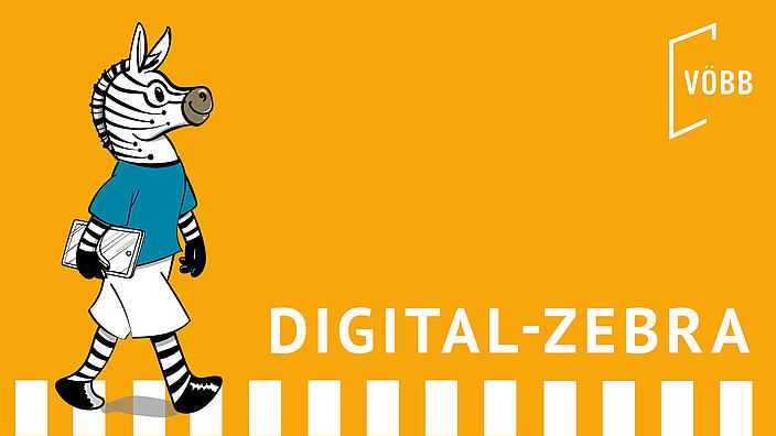 Ein Zebra läuft über einen Zebrastreifen. Rechts neben dem Zebra steht der Schriftzug "Digital-Zebra"