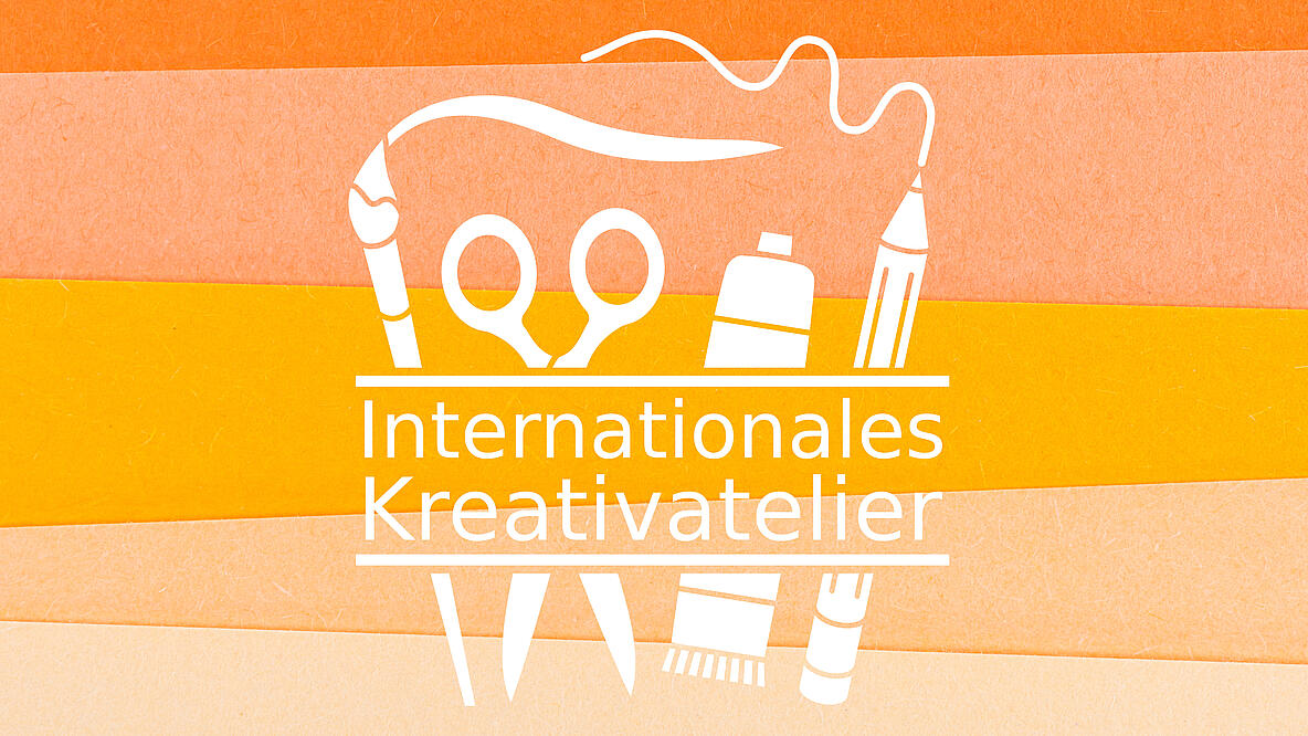Gelb oranger Farbverlauf mit dem Wort Internationales Kreativatelier und Icons von Pinsel und Farbe