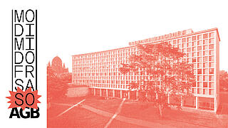 Die Amerika-Gedenkbibliothek in rot eingefärbt. Links daneben das SoAGB Logo für das Sonntagsprogramm.