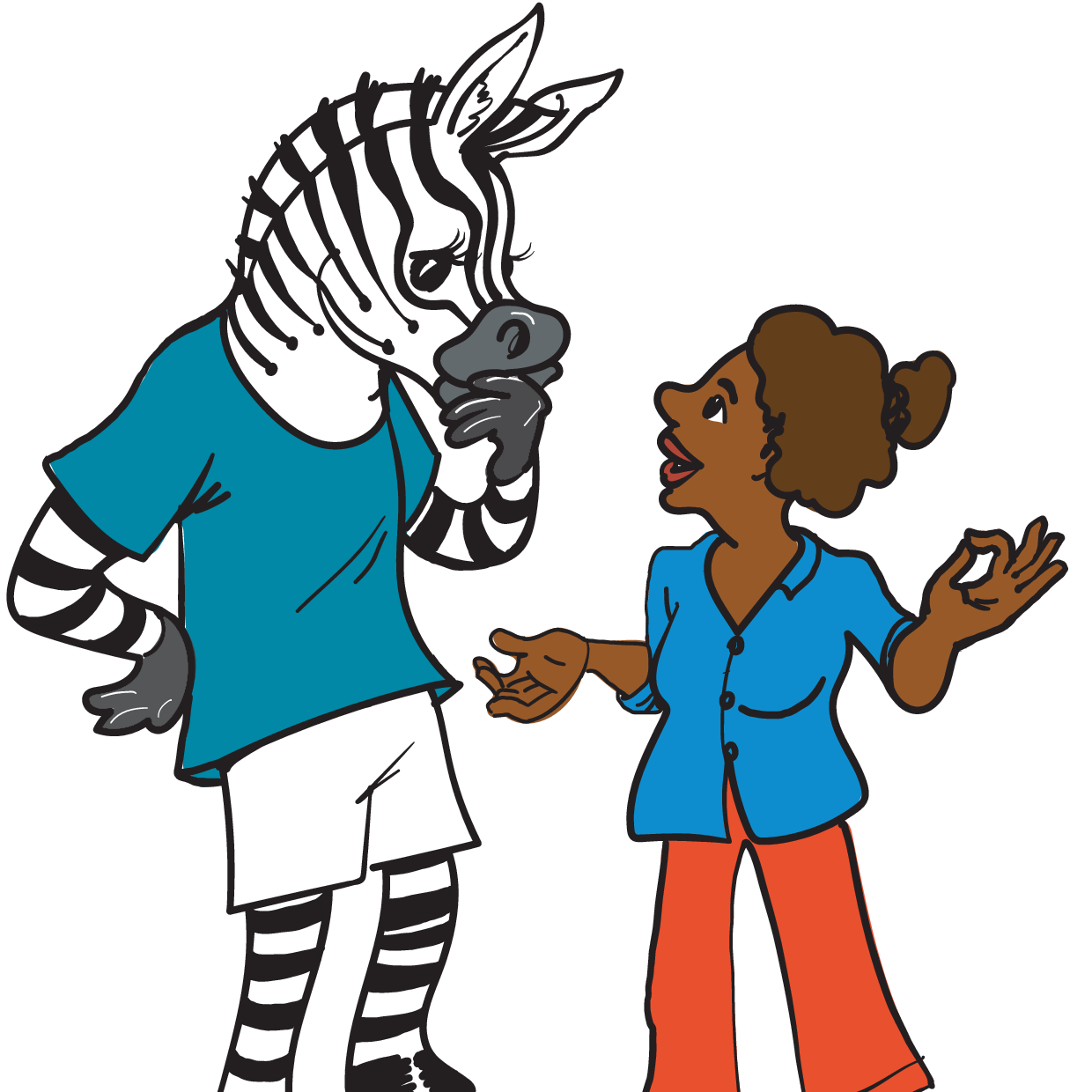 Illustration eines Zebras mit T-Shirt, das sich grübelnd mit einer Person unterhält