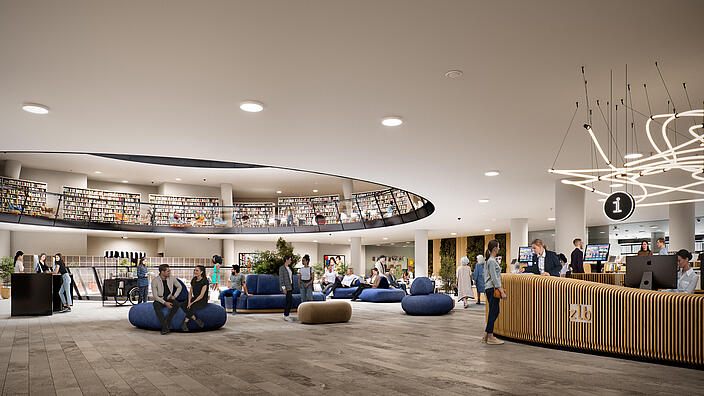 Zu sehen ist die Ansicht einer Idee für die Bibliothek im heutigen Kaufhaus Lafayette in der Friedrichstraße.