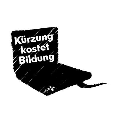 Sprechblase in Form eines Laptop mit der Aufschrift "Kürzung kostet Bildung"