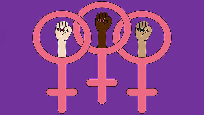 Illustration von 3 Fäusten in den Kreisen dreier Femininsymbolen
