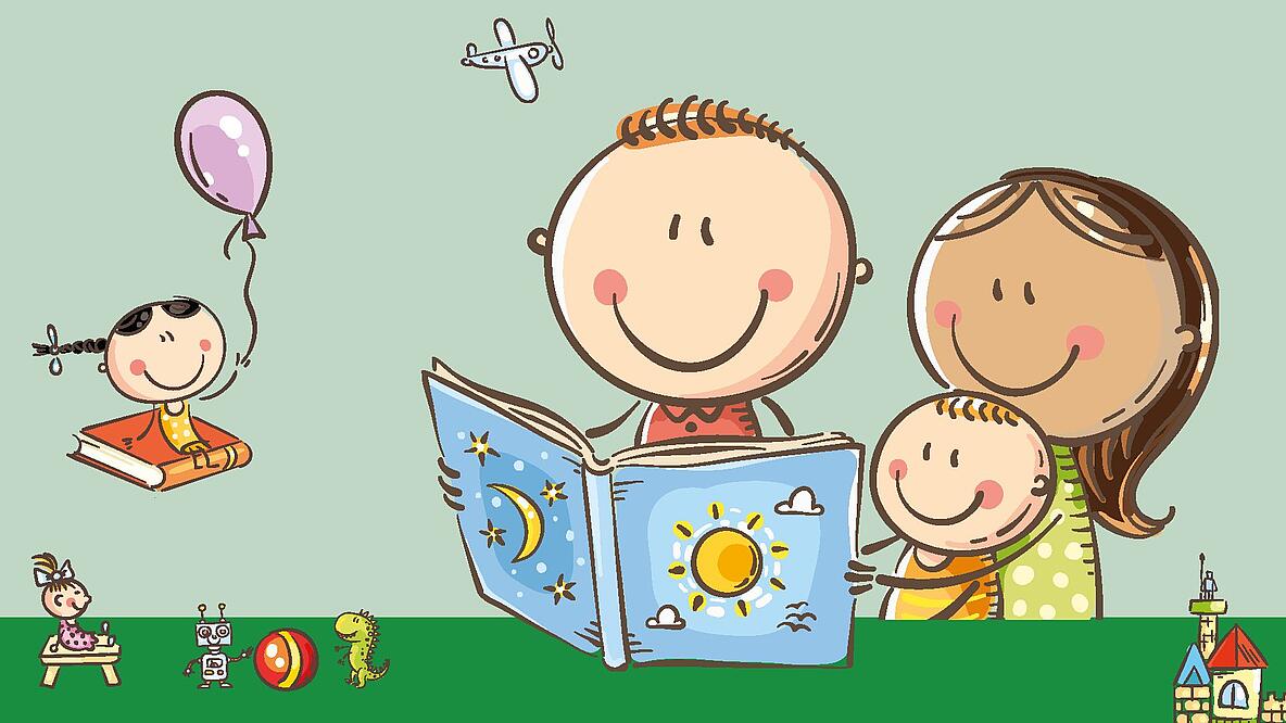 Grafik von einer Familie, Mutter, Vater, Kind, die gemeinsam in einem Kinderbuch lesen