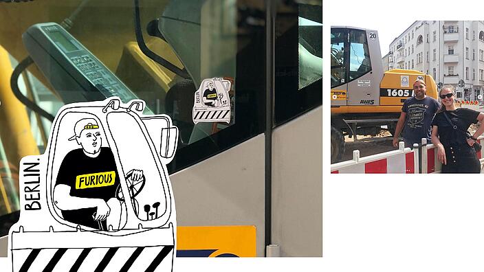 Zwei Fotos. Links Urban-Art-Sticker auf Baufahrzeug. Rechts zwei Personen vor Bauzaun und Baufahrzeug. Eine Frau in schwarzer Kleidung und Sonnenbrille neben einem Mann lächelnd mit blauem T-Shirt und gelbem Käppi.