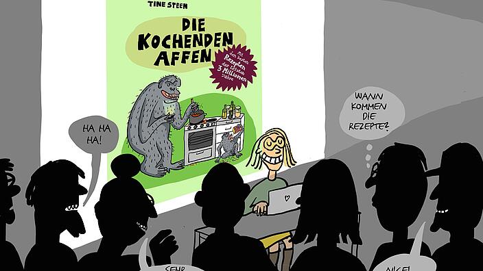 Bild zeigt comichaft eine Lesung von Tine Steen