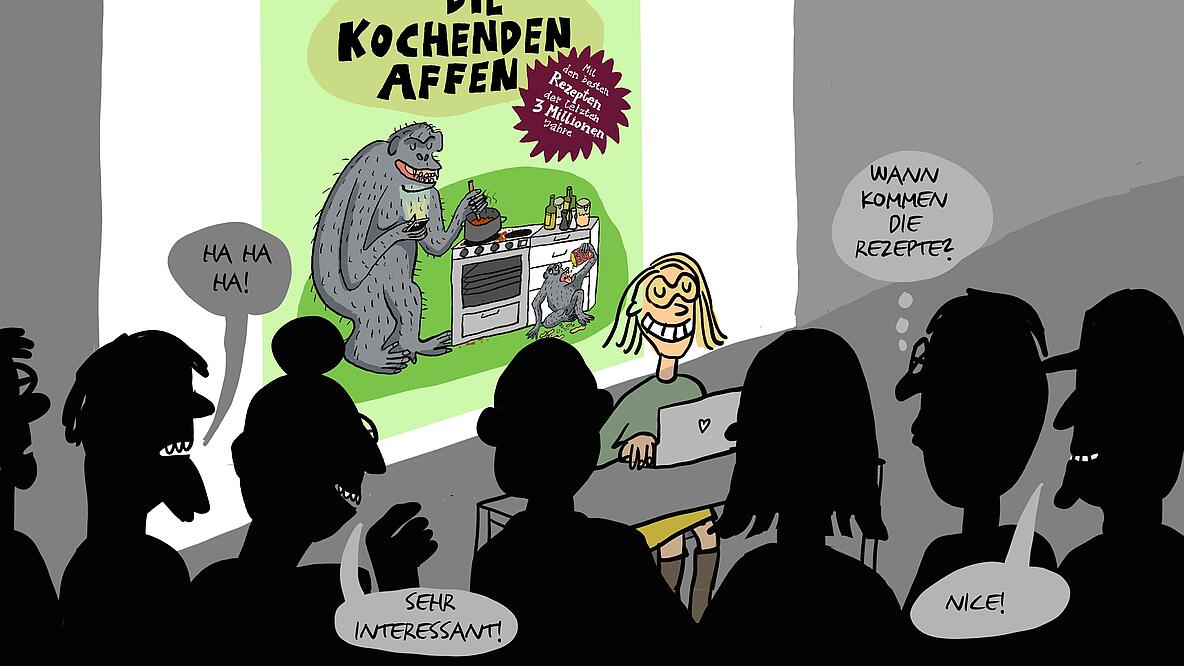 Bild zeigt comichaft eine Lesung von Tine Steen