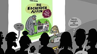 Bild zeigt comichaft eine Lesung von Tine Steen