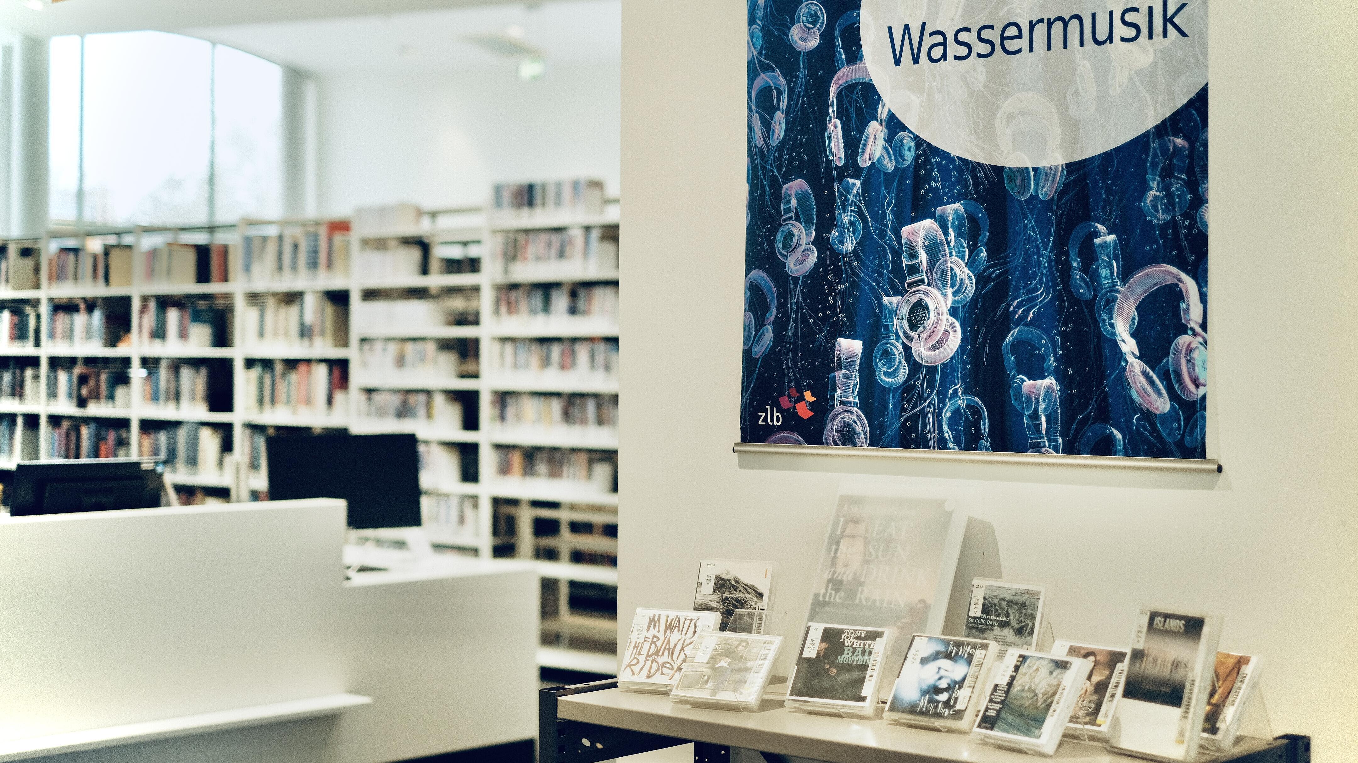 Plakat und Auswahl der CDs und Bücher zur Medienpräsentation "Wasser"