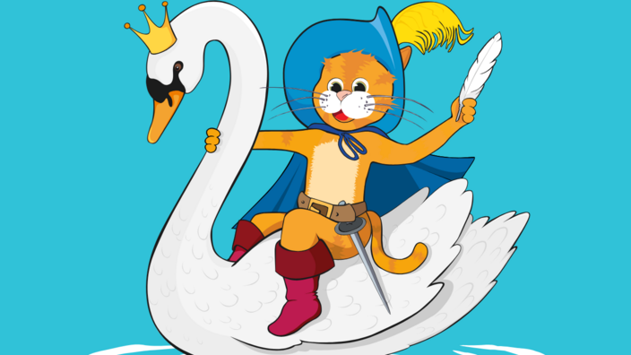 Bunte Grafik mit der Darstellung des gestiefelten Katers, der auf einem Schwan mit Krone reitet